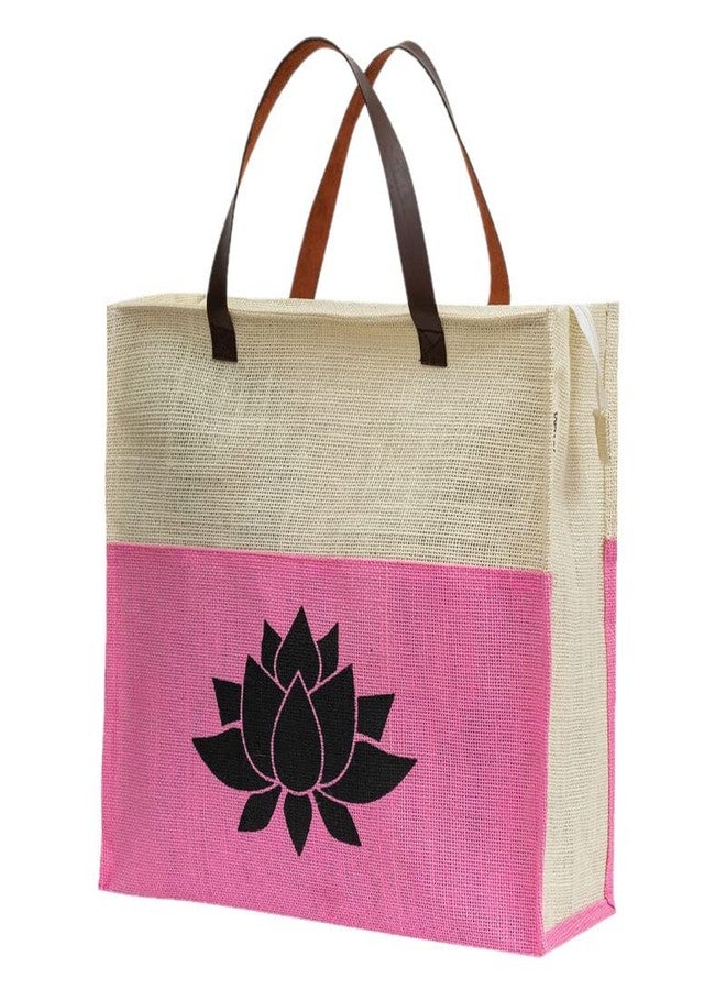 JUTEKA Lotus Print Hand Bag for Grocery, Office, Lunch, Picnic, Tiffin Jute bag with Leather Handles - Image 3